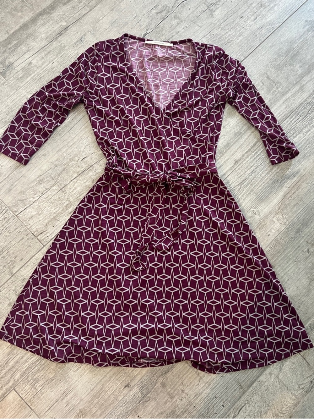 41 Hawthorn Plum Geometric Faux Wrap 3/4 sleeve Casual Work Mini Dress Sz XS